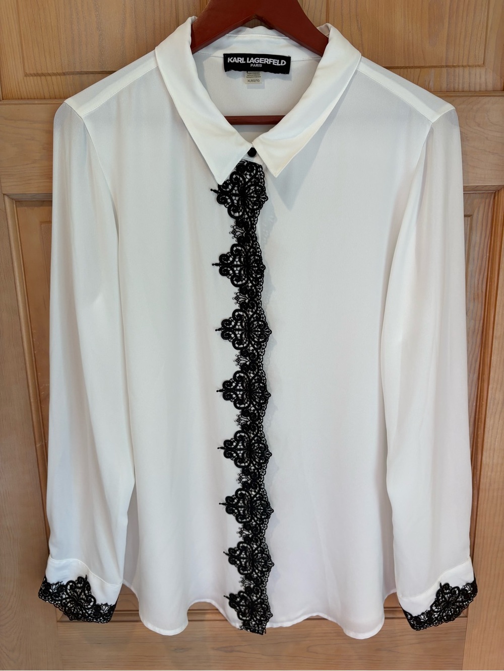 Karl Lagerfeld White Blouse with Black Lace Center Trim